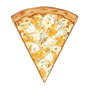 Pojedynczy kawałek pizzy cztery sery z widocznymi kawałkami sera pleśniowego i roztopioną mozzarellą na chrupiącym cieście, przedstawiony jako szczeg&oacute;łowa ilustracja wektorowa na białym tle.