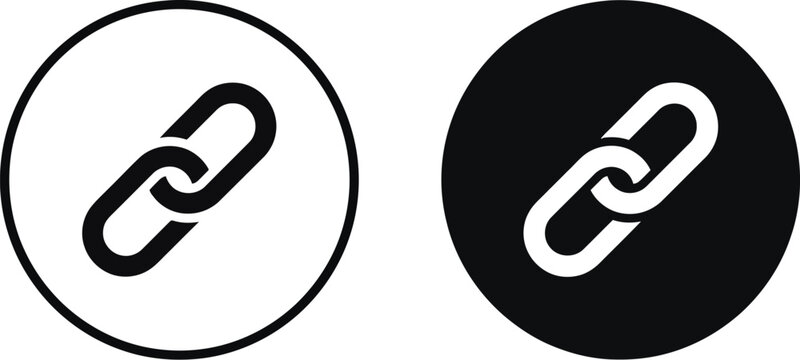 Minimalist chain link icons, black and white hyperlink symbols, circular web connection buttons for interface design