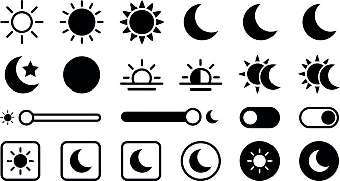 Minimalist sun and moon icons set, black day and night mode toggle buttons, 24 weather and interface vector elements