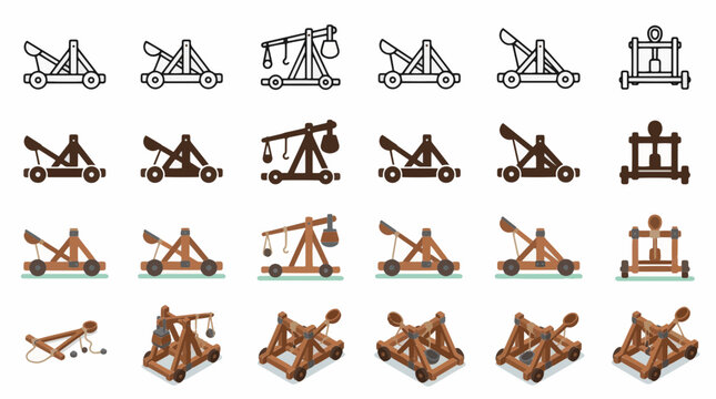 Collection of medieval catapult and trebuchet icons in line, flat, and isometric 3D styles