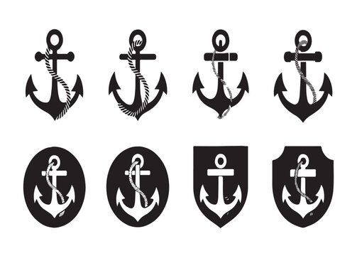 Collection of nautical anchors with rope detail, classic maritime symbols for marine design projects.
