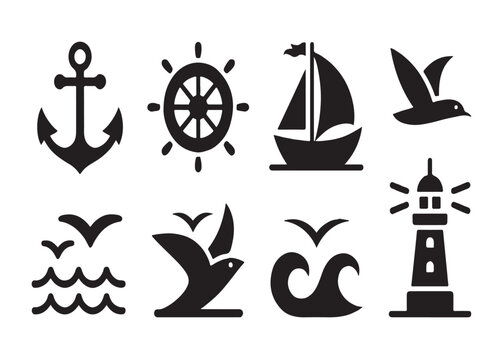 Nautical black silhouette icons perfect for maritime decor, travel blogs, or ocean-themed graphic designs.