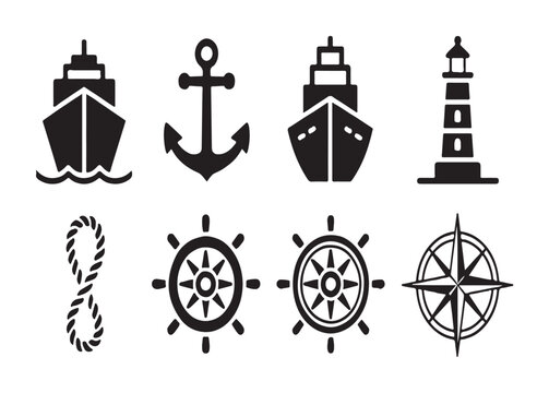 Set of maritime icons including ships, lighthouse, anchor, rope, helm and compass rose.