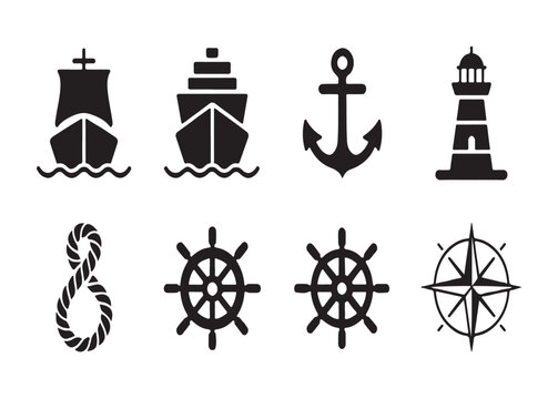 Collection of marine and nautical icons featuring ships, anchor, lighthouse, helm and compass.