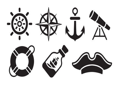Nautical icons collection including helm, compass, anchor, spyglass, lifebuoy, bottle, hat.