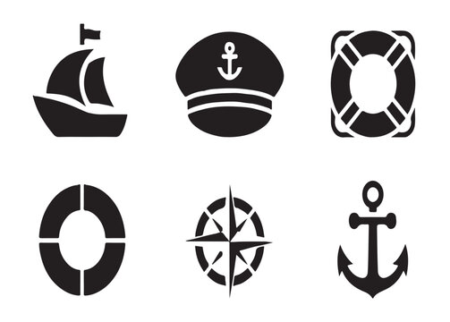 Nautical icons set featuring black sailboat anchor and compass symbols for marine transportation design projects.