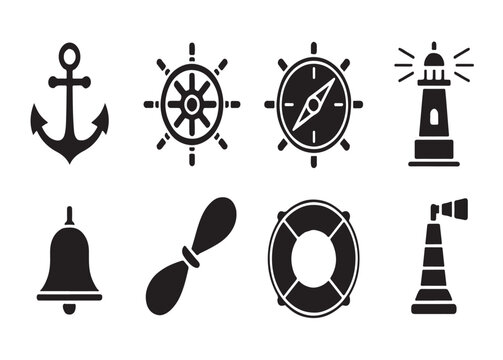 Marine equipment icon collection with anchor lighthouse and nautical steering wheel for maritime theme graphics.