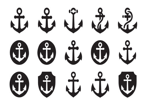 Collection of decorative anchor silhouettes in various styles for nautical branding and maritime logo designs.