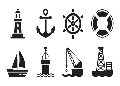 Industrial maritime icons featuring lighthouse anchor and oil platform for offshore and shipping industry apps.