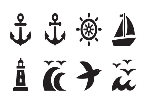 Set of nautical icons showing anchors sailboat and waves for seaside vacation and maritime theme aesthetics.