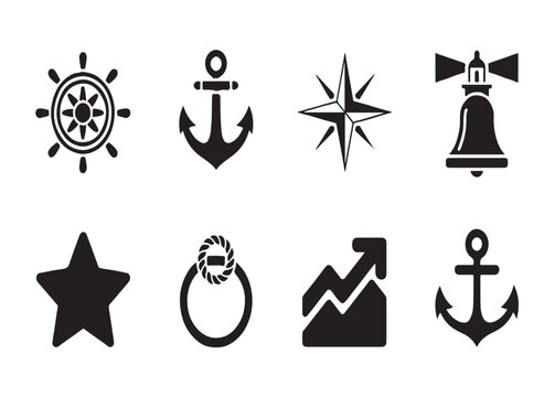 Nautical navigation symbols including compass stars anchors and bells for maritime chart design and ship gear.