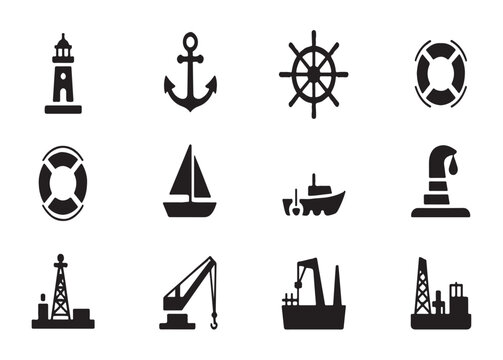 Marine equipment icons featuring anchors lighthouses and ship wheels for nautical branding and maritime logistics.