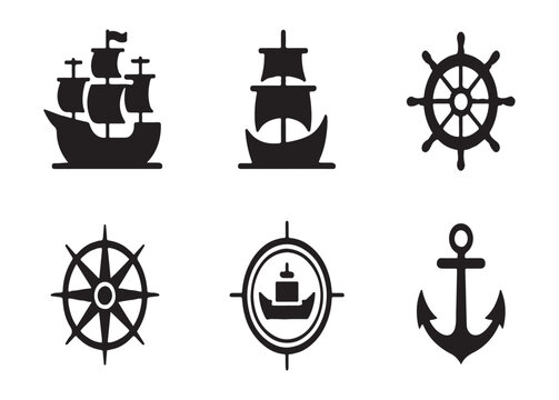 Vintage sailing ships and classic steering wheels for maritime history projects and nautical logo templates.