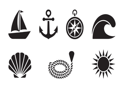Summer vacation icons featuring seashells sailboats and sun symbols for tropical travel and beach branding.