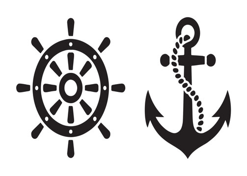 Marine steering wheel and anchor with rope icons for nautical branding and professional maritime equipment.