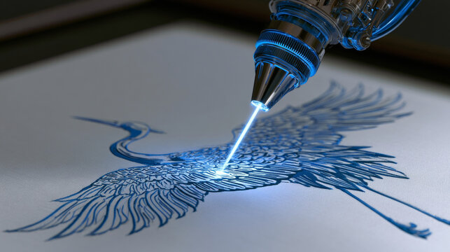 Futuristic laser engraving machine drawing a detailed crane illustration with a blue laser beam, high tech manufacturing and art concept