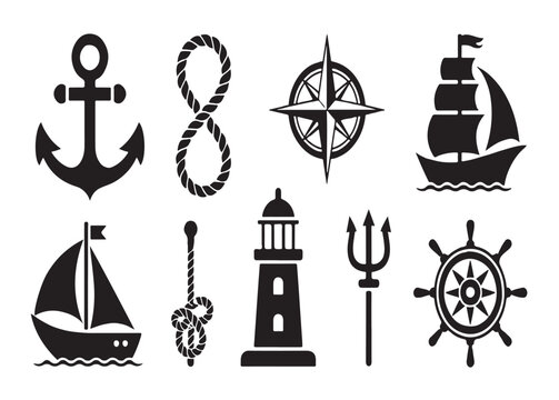 Set of nautical elements featuring black silhouettes of anchor ship lighthouse compass and rope for marine designs.