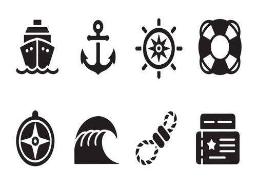 Set of maritime icons with ship anchor steering wheel lifebuoy compass wave and tickets in black silhouette.