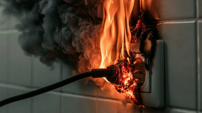 Electrical Fire Hazard: A frayed electrical cord sparks and ignites, dangerously melting into a wall socket, billowing smoke, highlighting a critical safety risk in the home.