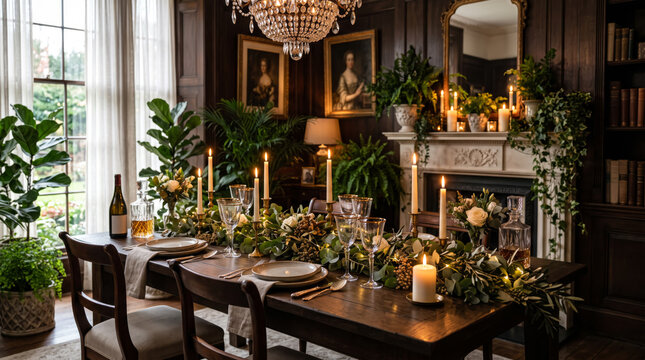 Elegant rustic dining table set with candles and fairy lights for an intimate evening in an elegant dining room with lush plants and decorations. Very high socieity