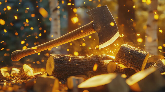 Cinematic close-up of a sharp axe over split wood logs with glowing warm sparks in a sunny forest