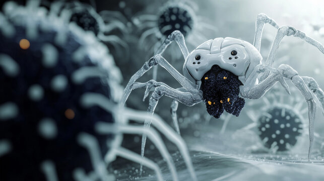Microscopic 3D render of futuristic nanorobots attacking virus cells, nanotechnology in medicine concept, medical biotechnology illustration