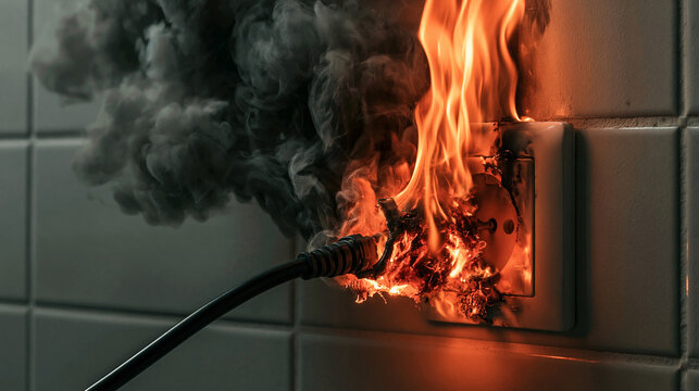 Electrical Fire Hazard: A dangerous electrical socket is engulfed in flames and smoke, with a black cable plugged in, highlighting the risk of faulty wiring and electrical overload.