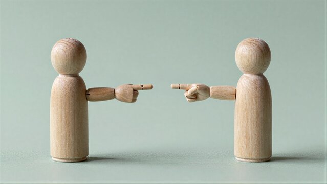 Two wooden figures point at each other, symbolizing conflict or accusation.
