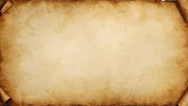 Aged brown paper scroll texture background with rustic corner borders and empty space