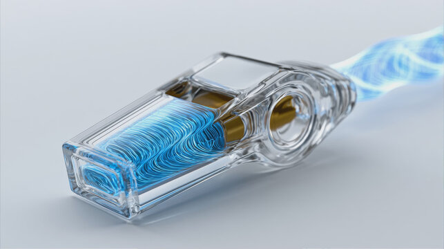 3D render of a futuristic transparent connector plug with glowing blue fiber optic energy flow representing high speed data transmission