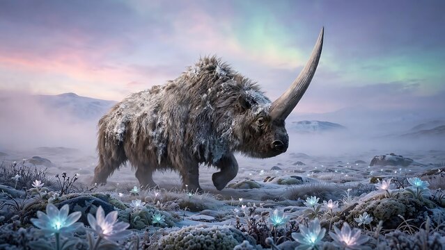 Majestic Woolly Rhinoceros Roaming Through a Frosty Meadow Under the Aurora Borealis