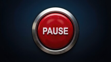 Fototapeta premium Close up of a red pause button on a metallic control panel with sits metallic surface button white text equipment control device control user interface