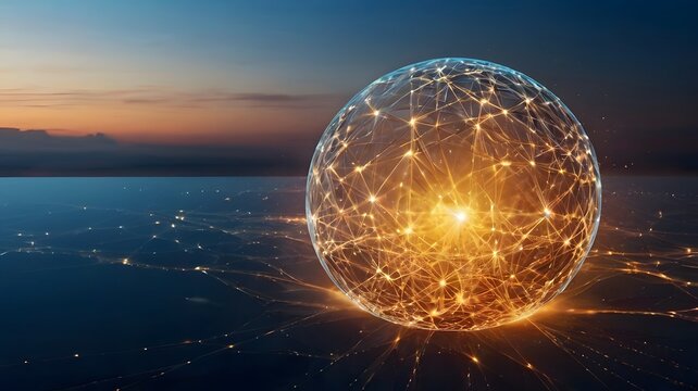 Glowing glass sphere floating over ocean during sunset futuristic technology stock photo