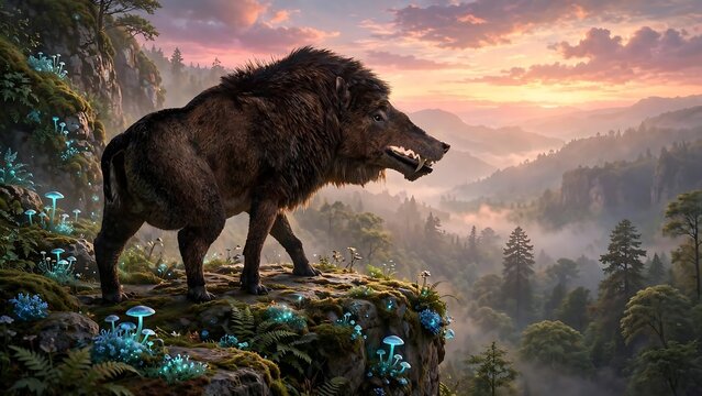 Majestic wild boar standing on a cliff overlooking a misty mountain valley at sunrise, with glowing mushrooms on the mossy rocks