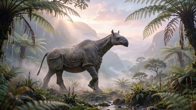 Ancient prehistoric mammal walking through a lush jungle landscape at sunrise