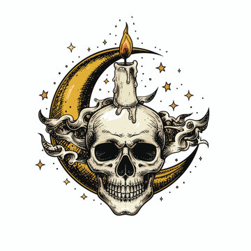 A detailed illustration of a human skull with a burning candle on its crown, set against a golden crescent moon and surrounded by stars and smoke.