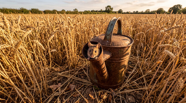 Cute field mouse peeking from old rusty watering can in golden wheat harvest