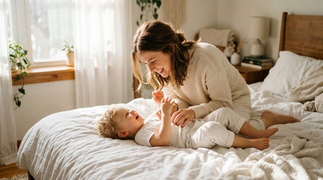 Joyful mother playing and laughing with her toddler son on a white bed in a cozy sunlit bedroom, tender family bonding moment captured in warm natural light and soft boho interior decor