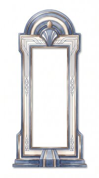 Art Deco frame with geometric silver and blue details. Vintage architectural border for luxury invitations. Elegant 1920s style decorative mirror frame. Ornate metallic border on white