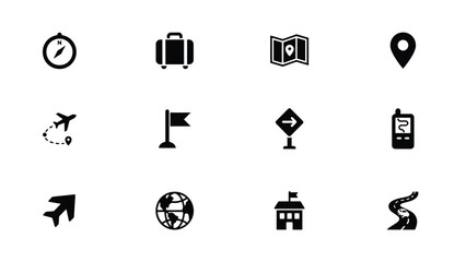 Naklejka premium Travel themed icons representing various journey related symbols with Black white icons illustrate essential travel symbols tools clean clean minimalist style travel equipment