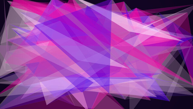 Abstract background, featuring overlapping semi-transparent, triangles in shades, of bright purple, and pink on, a dark black, background surface