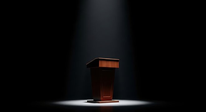 Wooden podium in dark room spotlight