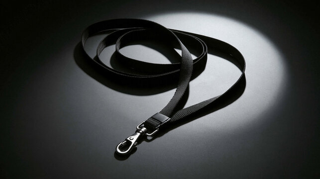 Black Lanyard with Clip: A simple black lanyard with a metal clip, showcased under a spotlight against a dark, reflective surface, suggesting security and identity.