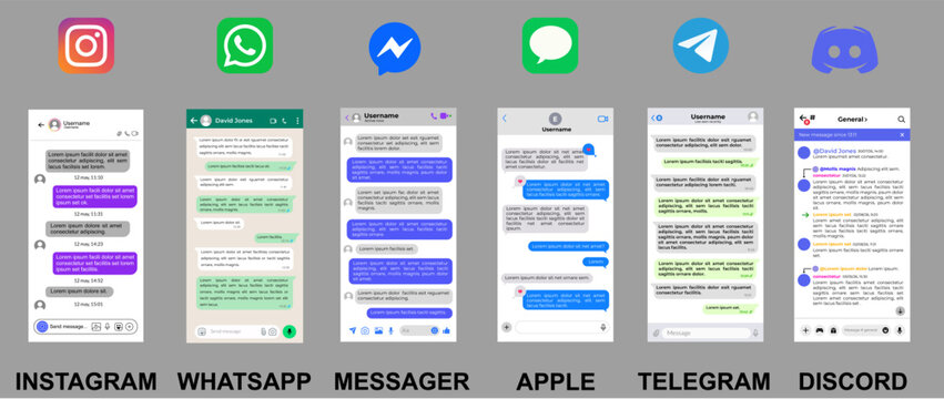 Instagram WhatsApp Messenger Apple Telegram Discord chat layouts, social media communication apps collection, mobile phone interface templates
