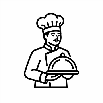 Outline chef cook holding serving tray vector illustration