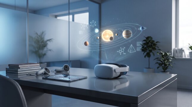 Modern VR learning workspace featuring a virtual reality headset, tablet, controllers and educational books with a glowing holographic solar system visualization.