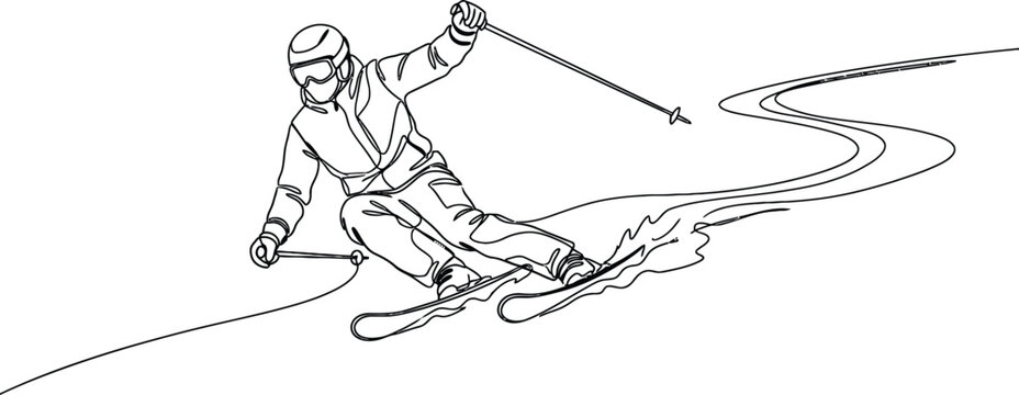 Minimalist continuous line drawing of a skier, downhill skiing athlete vector illustration, winter sports action sketch on white background