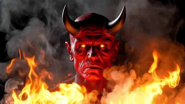 Red horned devil demon figure emerging from fire flames and dark smoke