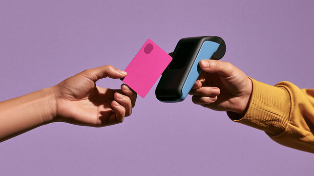Contactless Payment: A hand holding a vibrant pink card is presented to a payment terminal, signifying a modern and convenient transaction.
