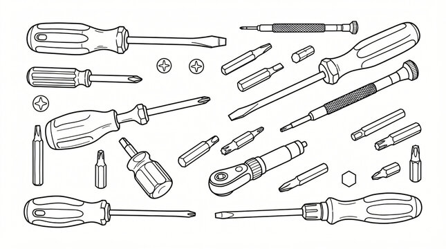 Hand Screwdriver Bit Line Art Doodle Collection Hand Drawn Flathead Phillips Torx Star Precision Watchmaker Steel Hexagonal Bit Stroke Weight Strictly Textless White Background Asset Stock